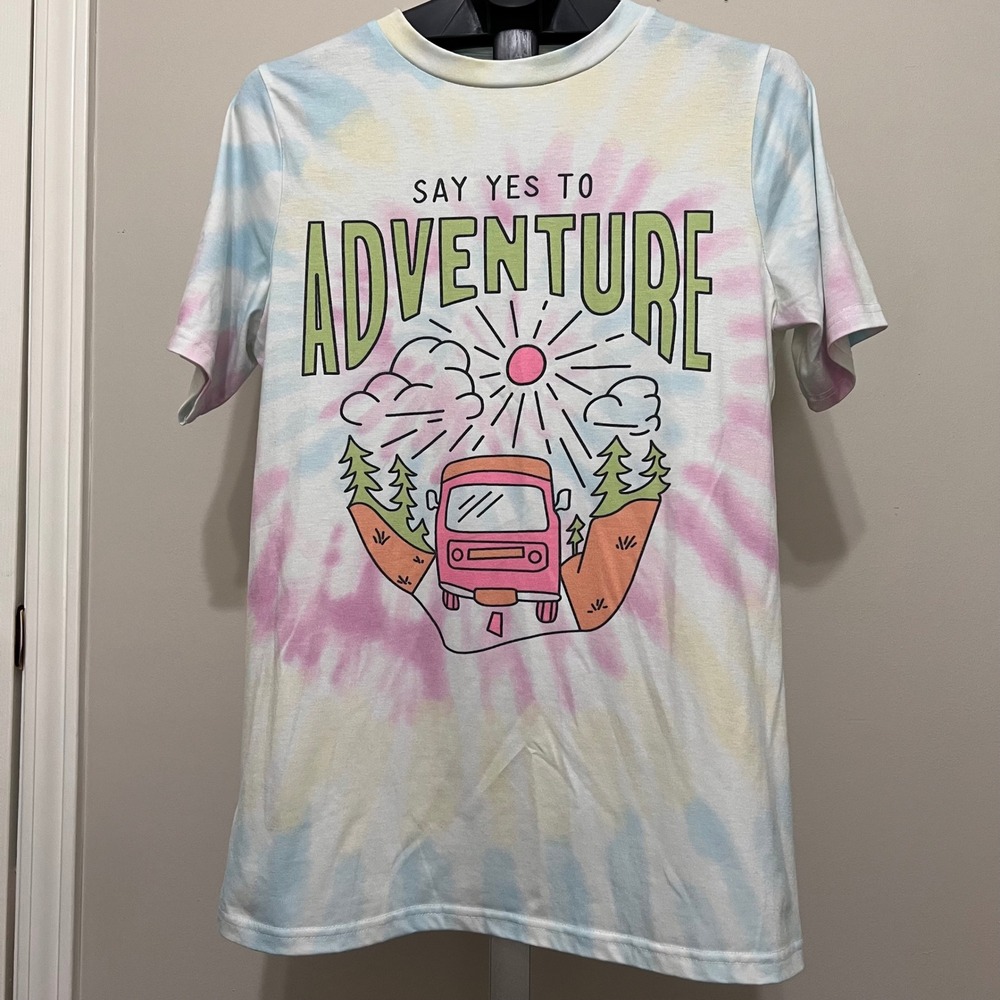 Women's Say Yes To Adventure Graphic Tee Pastel Tie Dye Retro Van Shirt M EUC